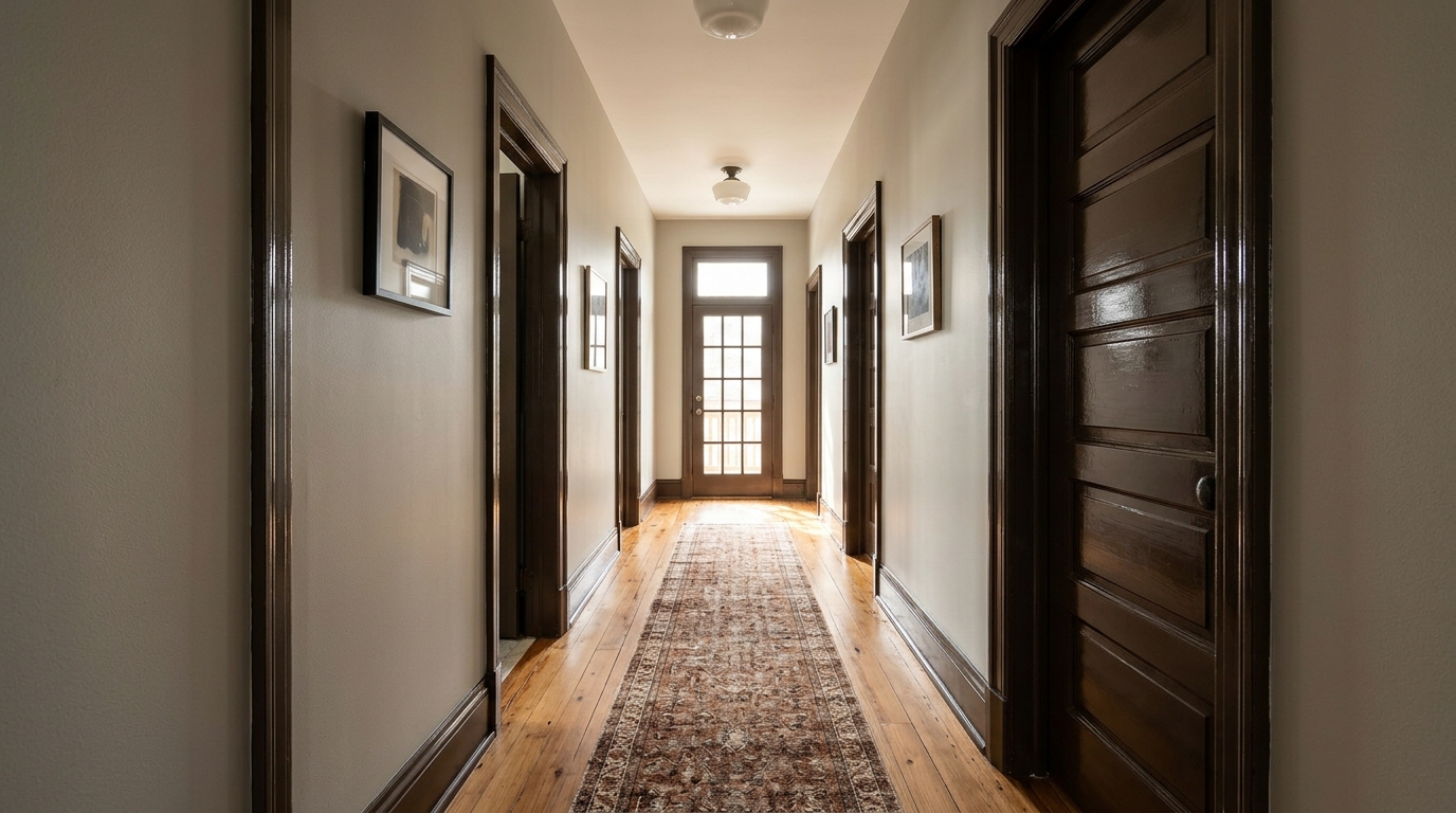 Hallway with soft greige walls and door frames and baseboards painted deep chocolate brown