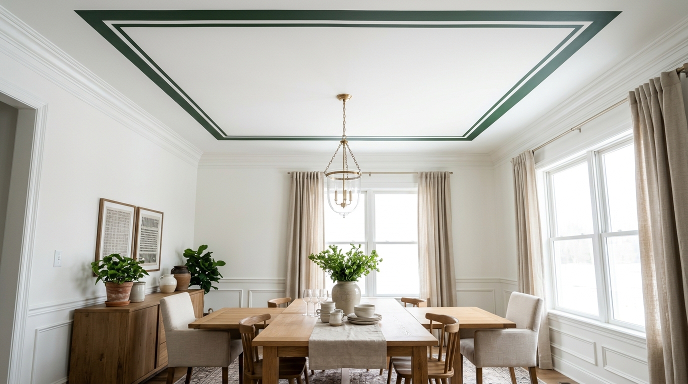 Painted trim ideas dining room ceiling with a deep green painted stripe border set in from the edges like a coffered frame