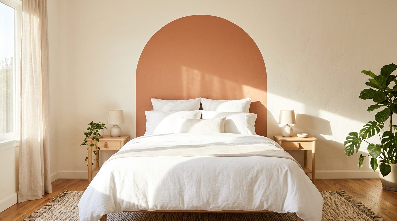 Cozy bedroom with a large painted terracotta arch on a cream wall behind the bed instead of a headboard