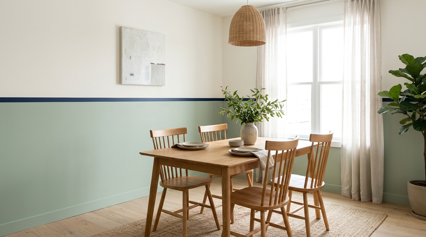 Dining area wall in two soft colors split by a thin painted navy line at chair rail height