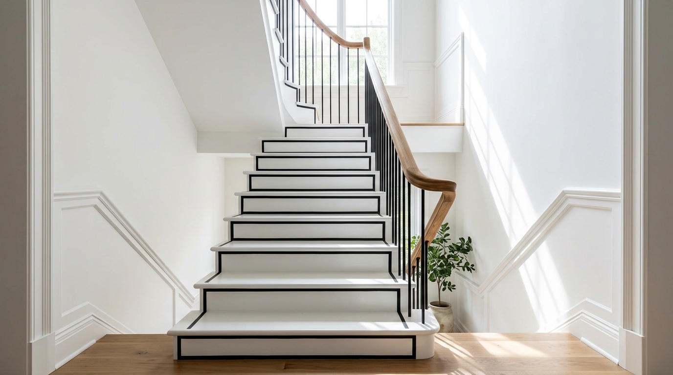 Staircase with white treads and stair risers each outlined with a thin painted black border