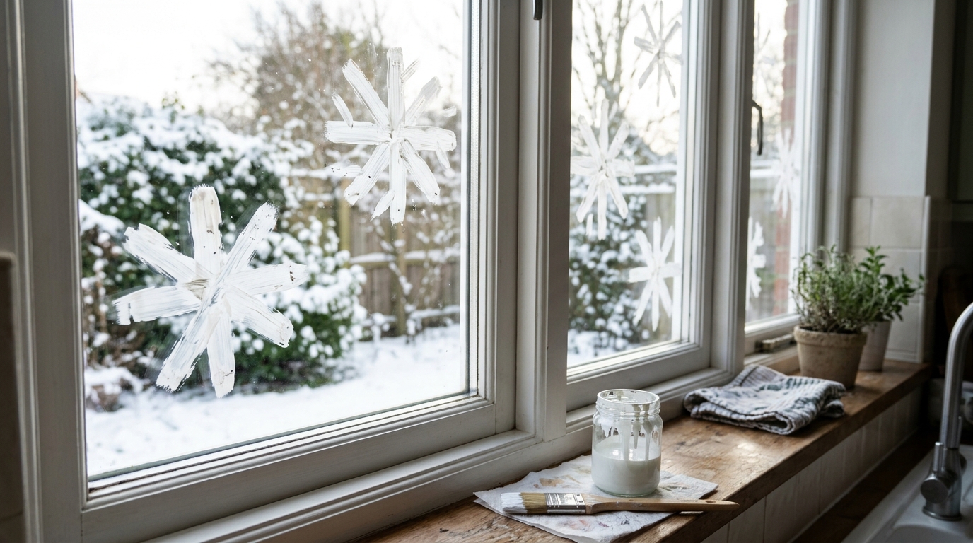 Large white snowflakes painted on a kitchen window with washable paint