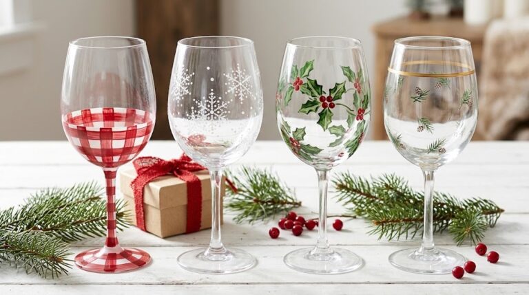 Painted wine glasses for Christmas: four glasses with buffalo plaid, snowflake, holly and gold band designs