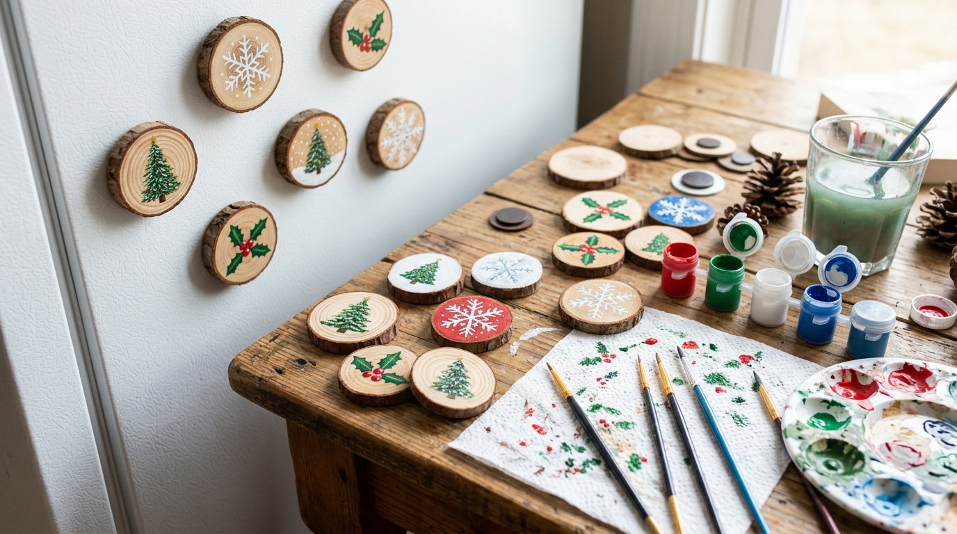 DIY stocking stuffers made from painted wood slice magnets with Christmas trees and snowflakes