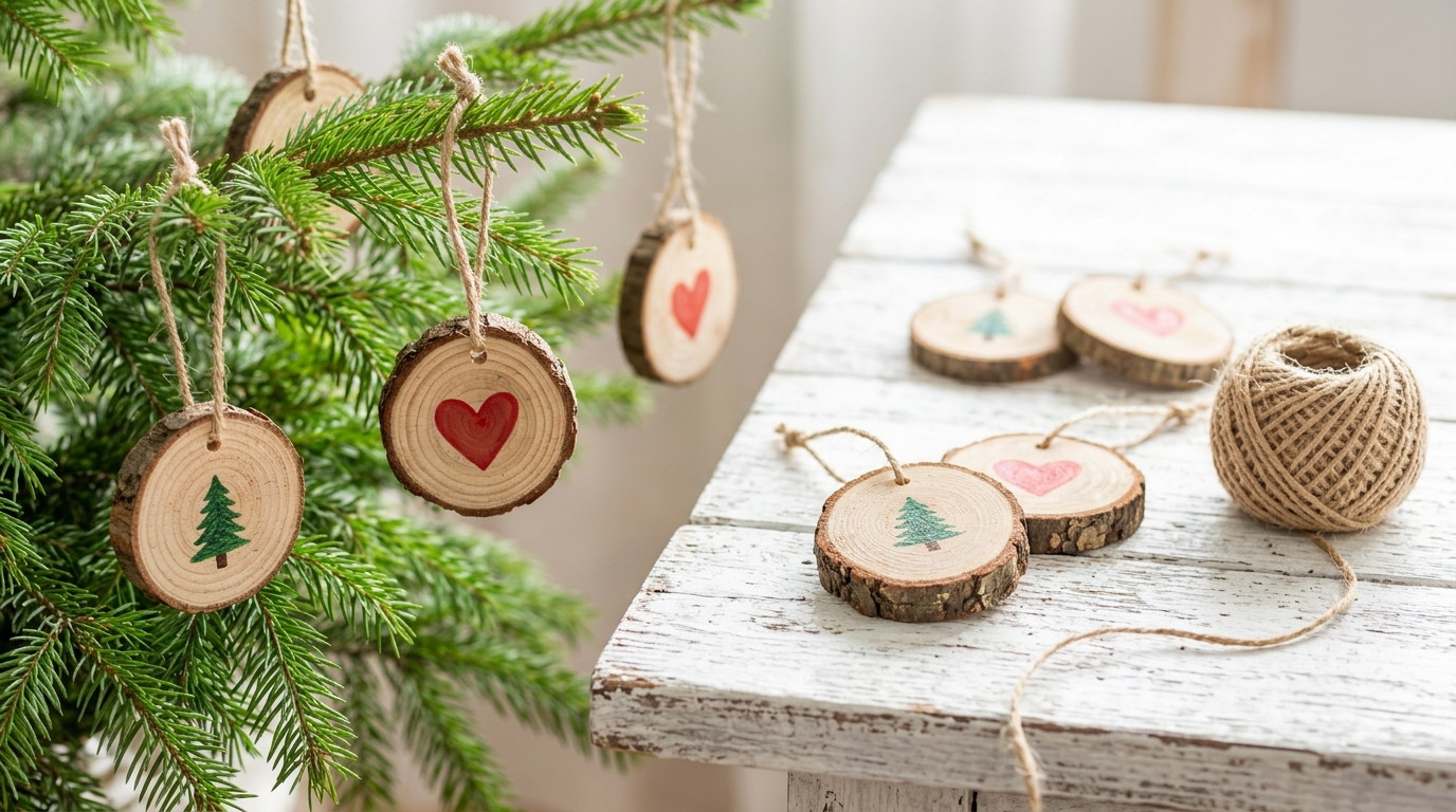 Taylor Swift Christmas wood slice ornaments painted with tiny trees and hearts