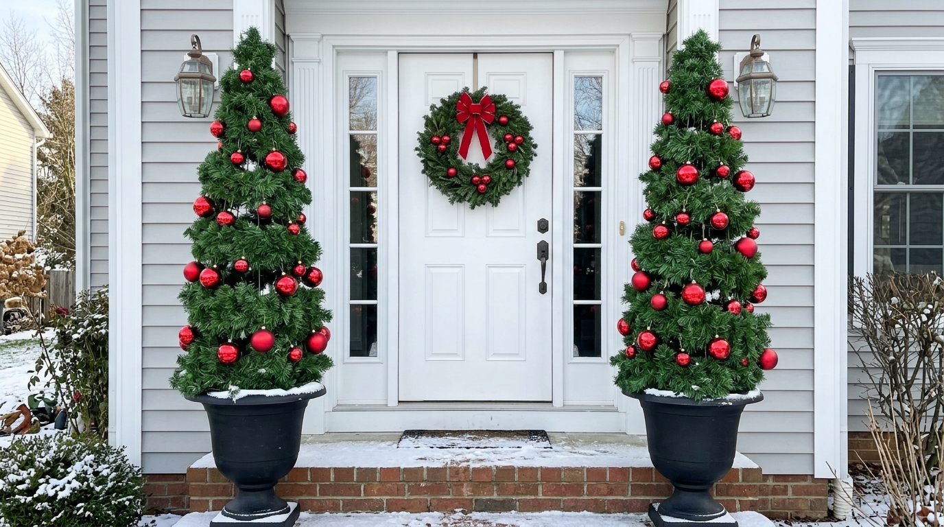 Tomato Cage Christmas Trees in a matching pair flanking a white front door