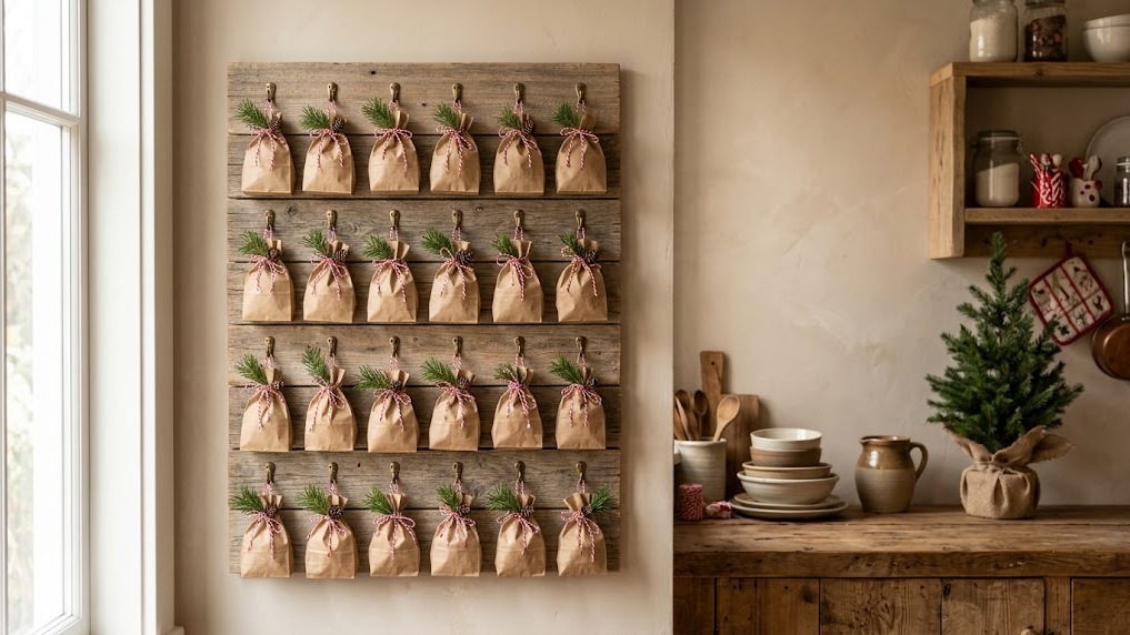 Pallet wood advent calendar with small kraft bags hanging from hooks