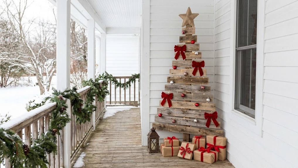 Pallet Christmas decor: rustic pallet wood Christmas tree leaning on a front porch with red bows