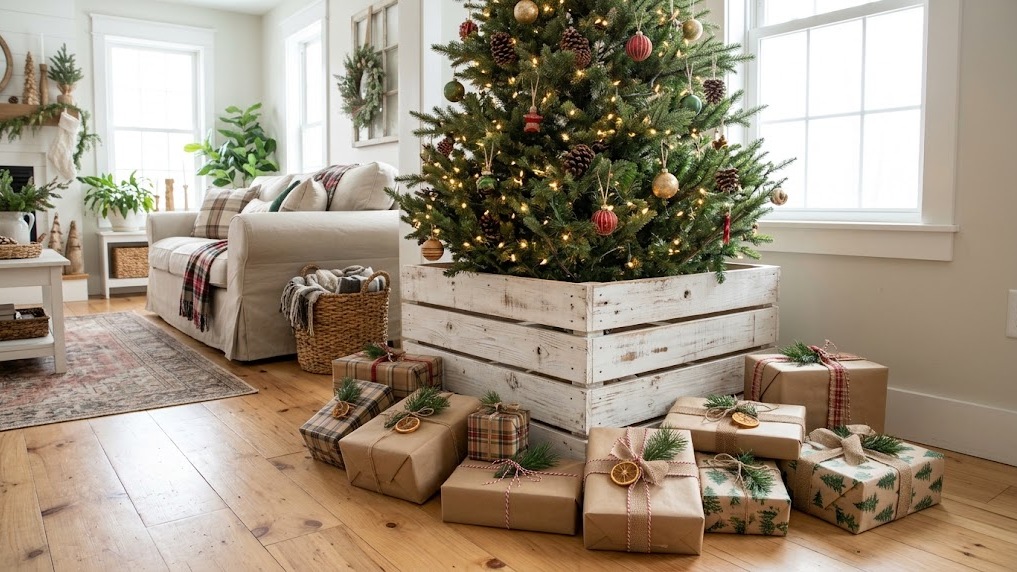Christmas tree standing in a rustic pallet wood crate tree collar