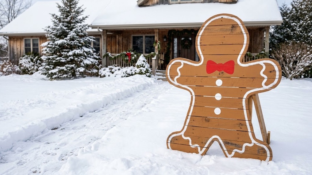 Pallet wood gingerbread man yard decoration with white icing details