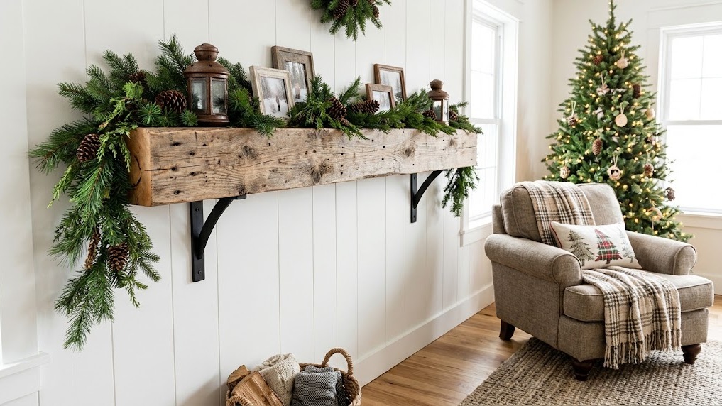 Rustic pallet wood mantel shelf draped with pine garland on a living room wall