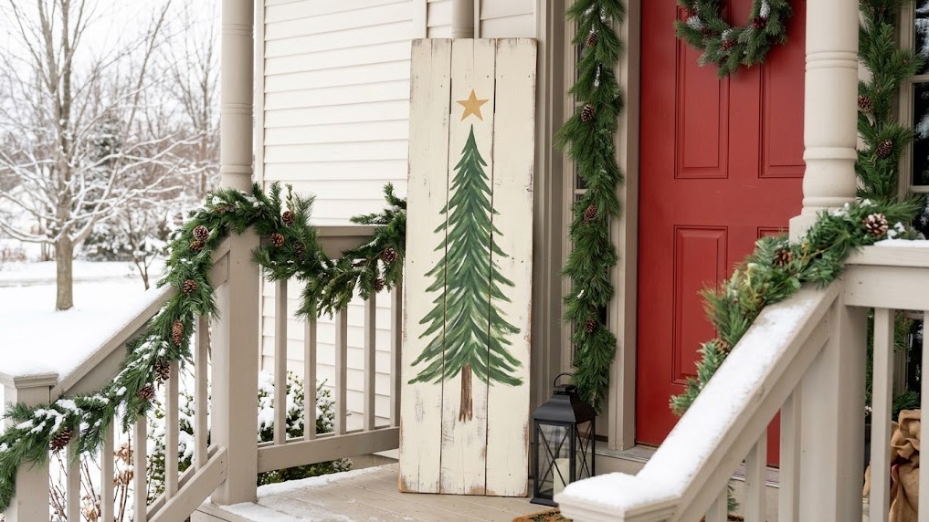 Painted pallet wood porch sign with an evergreen tree design