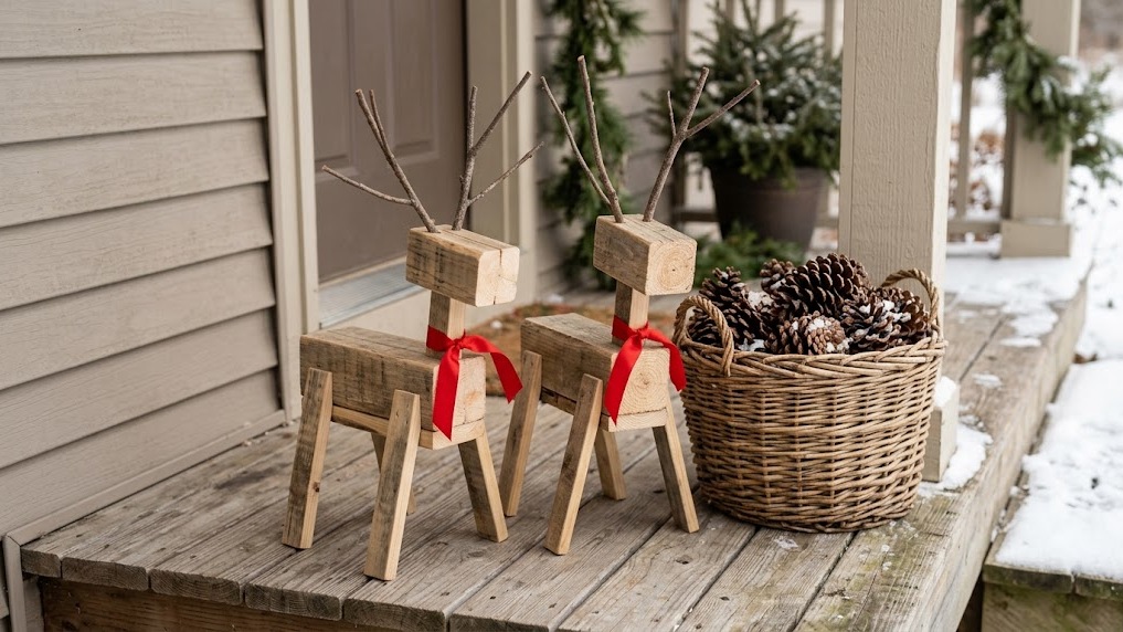 Pallet Christmas decor reindeer made from wood scraps on a porch