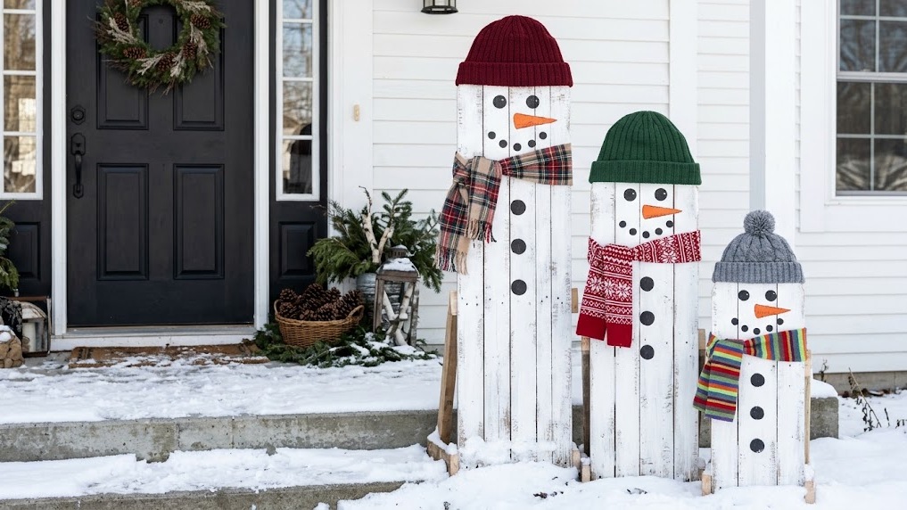Three pallet wood snowmen with scarves and hats on a porch