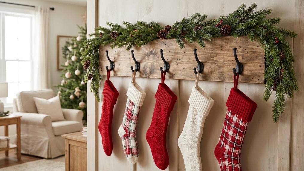 Pallet Christmas decor stocking holder board with hooks and hanging stockings