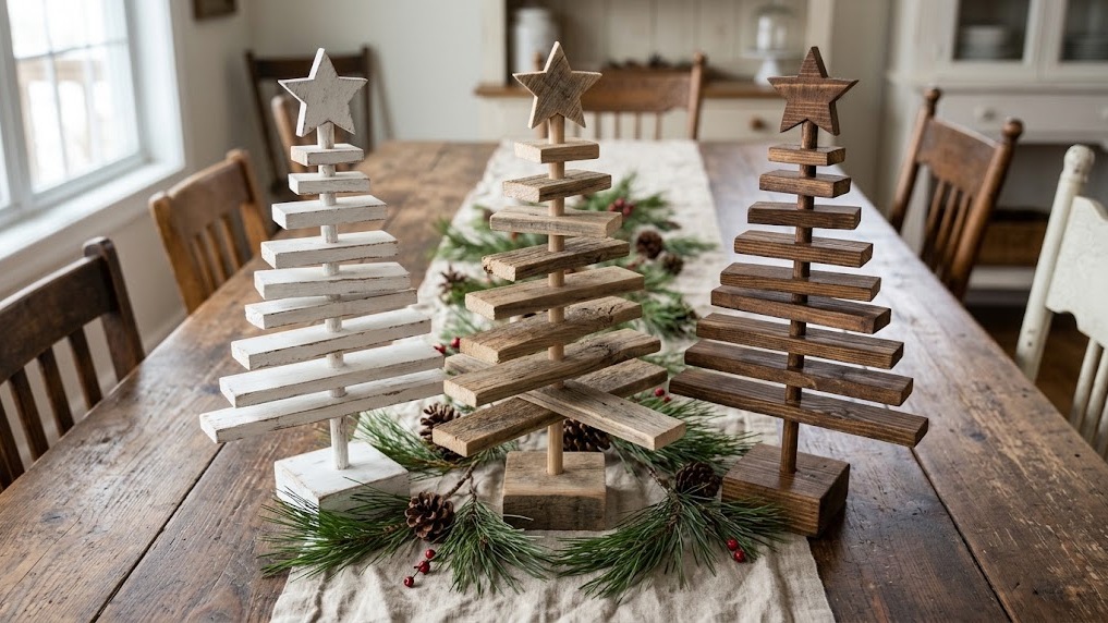 Pallet Christmas decor tabletop trees in three sizes on a dining table