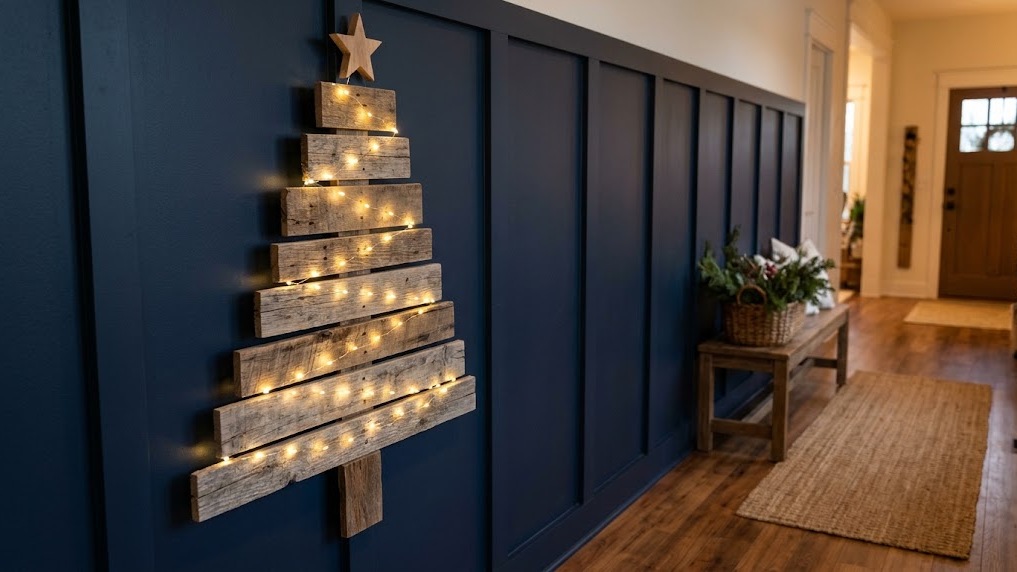 Pallet wood Christmas tree on a wall wrapped with warm mini lights