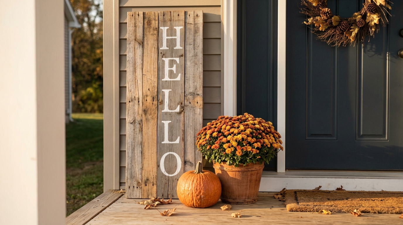 A tall pallet wood porch leaner sign painted HELLO beside a front door with mums and a pumpkin