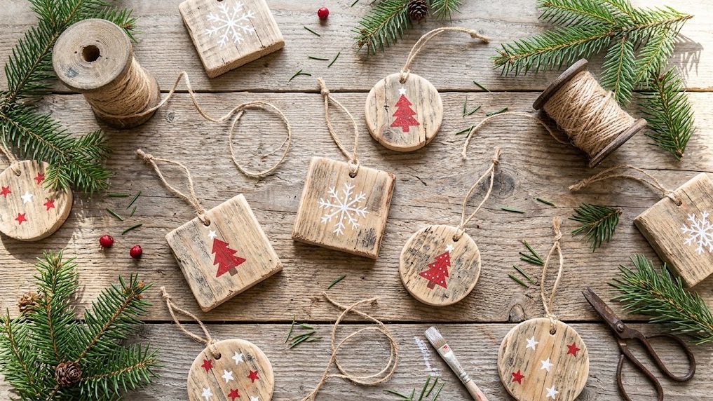 Pallet Christmas decor ornaments cut from pallet wood and painted with snowflakes