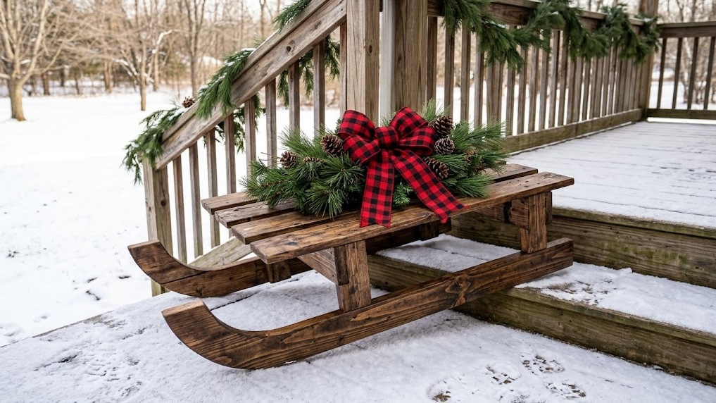 Rustic pallet wood sled decorated with greenery on a front step