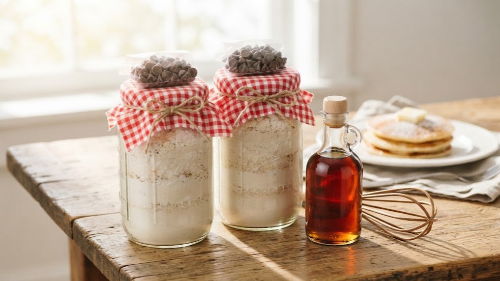 Two glass jars of homemade pancake mix with gingham lid toppers and a wooden whisk
