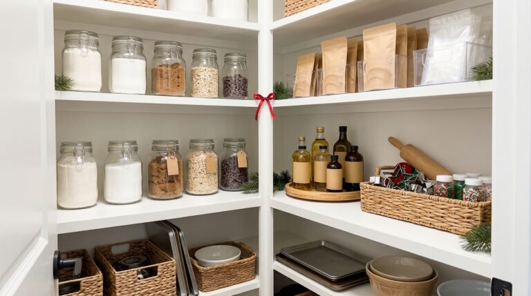 Pantry organization ideas for holiday baking with glass jars, clear bins, a lazy susan and a baking basket