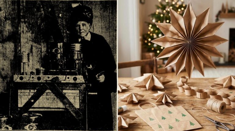 Paper bag crafts: Margaret E. Knight in her workshop beside a giant brown paper bag star over a table of stamped kraft gift bags