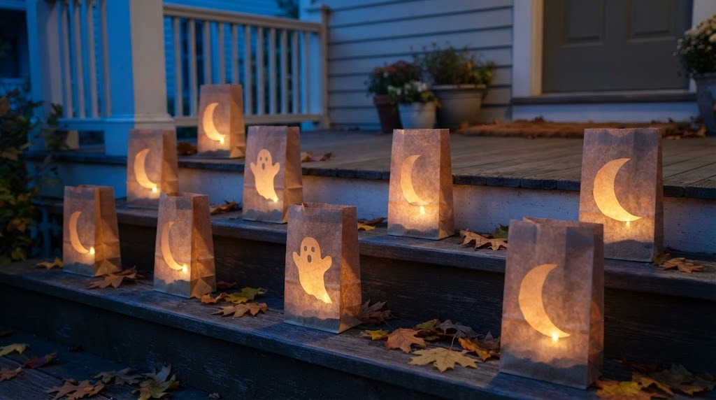 Brown paper bag luminaries with cut out moons glowing on porch steps