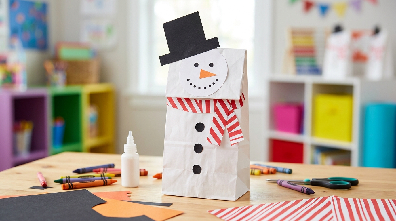 White paper bag puppet shaped like a snowman with a top hat and striped scarf