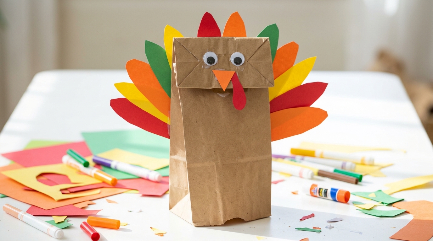Brown paper lunch bag turkey puppet with paper feathers and googly eyes