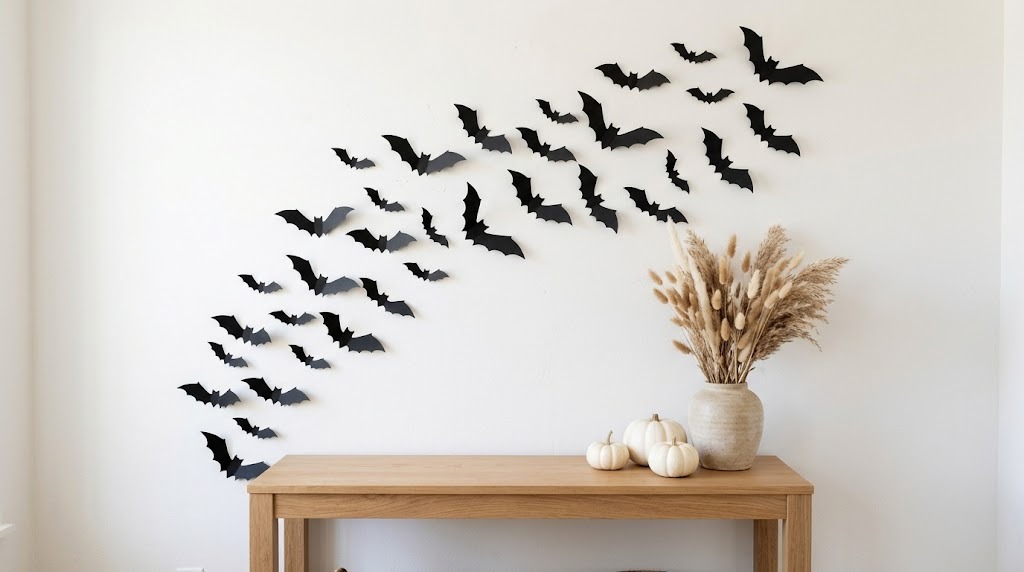 Black paper bats swarming across a white wall above a console table, Martha Stewart Halloween style