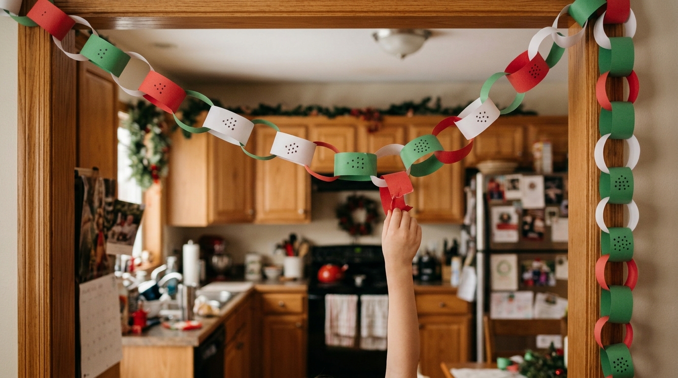 Red, green and white paper chain across a kitchen doorway with a child pulling one link