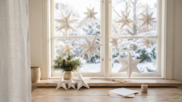 Paper Christmas stars: white and gold folded stars hanging in a sunny snowy window and resting on a wooden table
