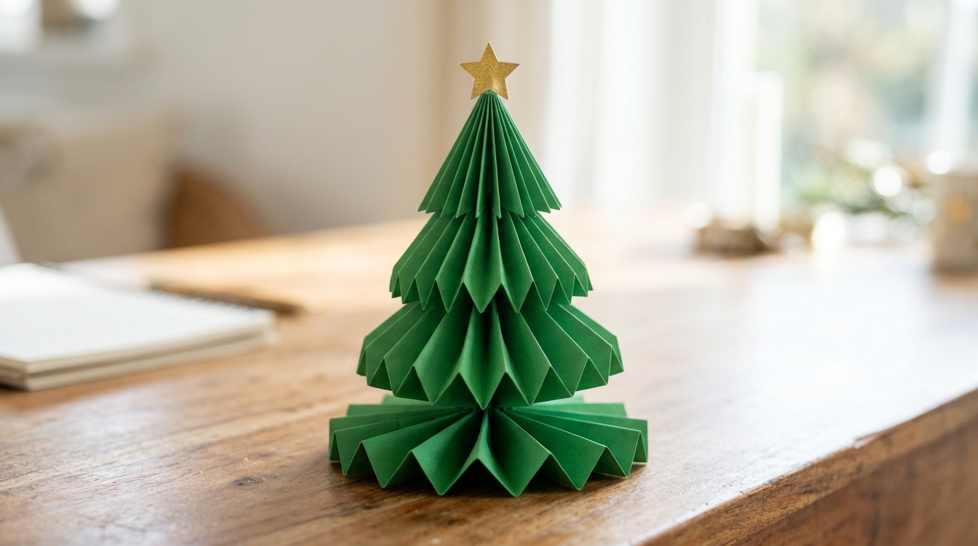Paper Christmas trees idea: a green tree folded accordion style from one sheet with a gold star