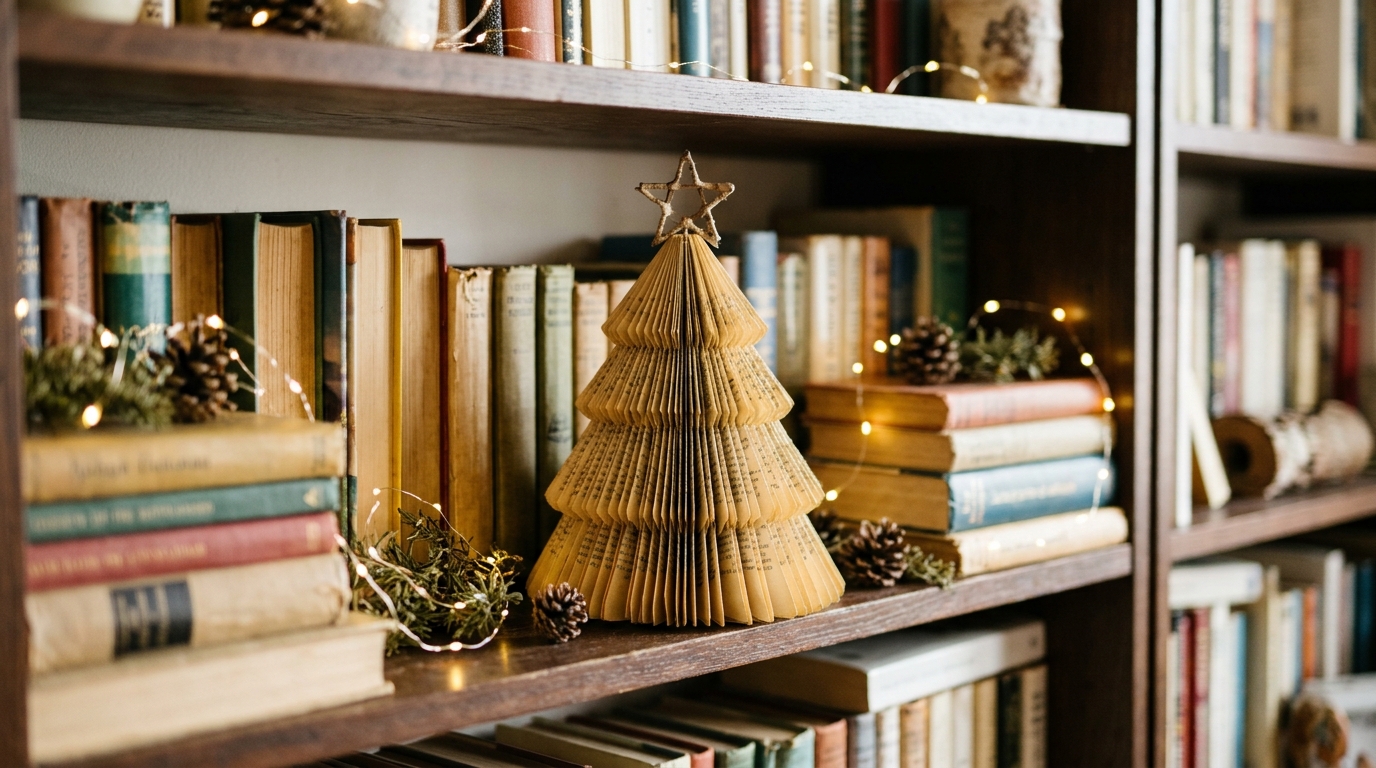 Paper Christmas trees made from folded old book pages on a cozy bookshelf