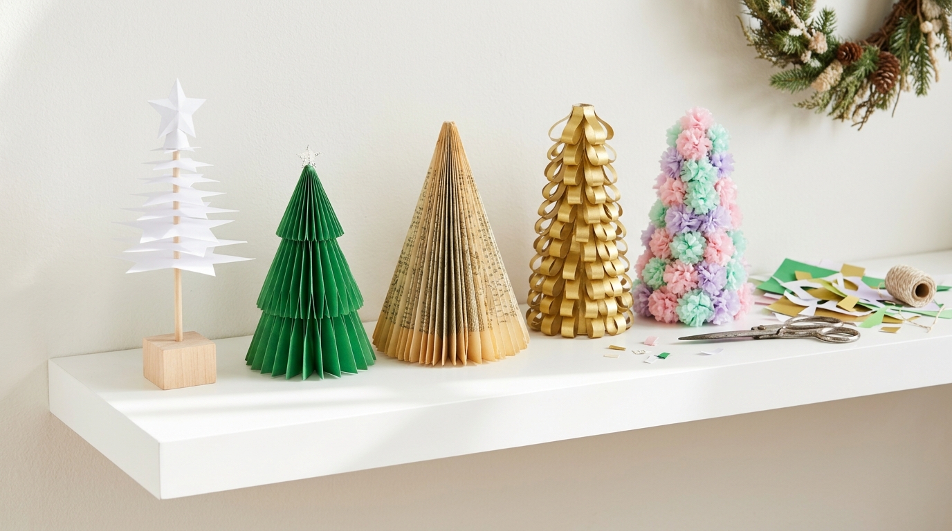 Paper Christmas trees lined up on a white shelf: a layered star tree, an accordion tree, a book page tree, a loop tree and a tissue pom tree