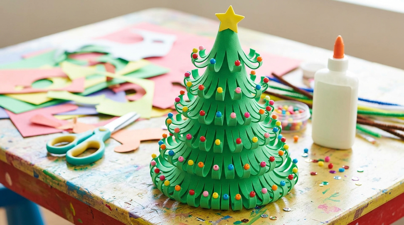 Paper Christmas trees made of fluffy green foam paper with curled fringe layers and bead ornaments