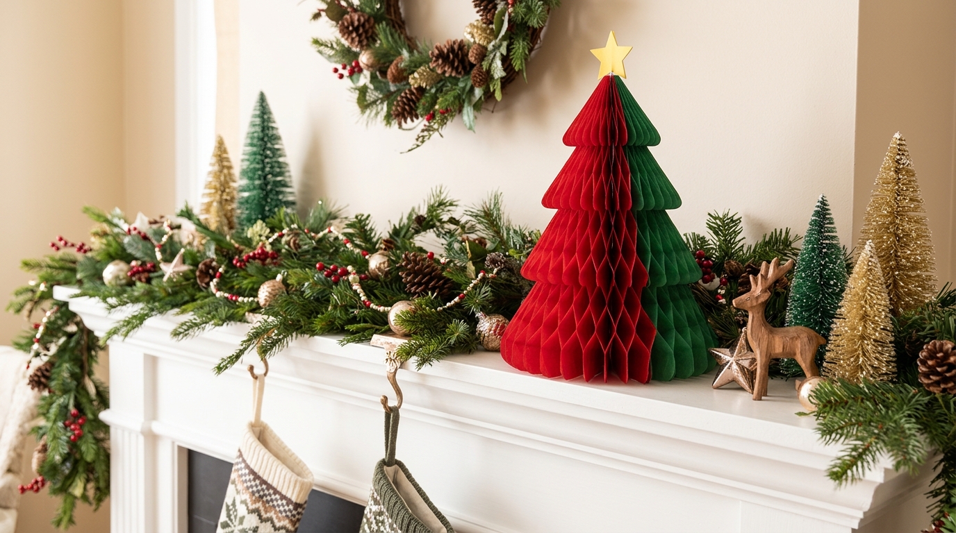 Red and green honeycomb tissue paper Christmas tree on a mantel