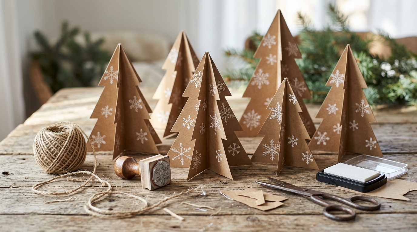 Brown kraft paper Christmas trees stamped with white snowflakes on a rustic wooden table