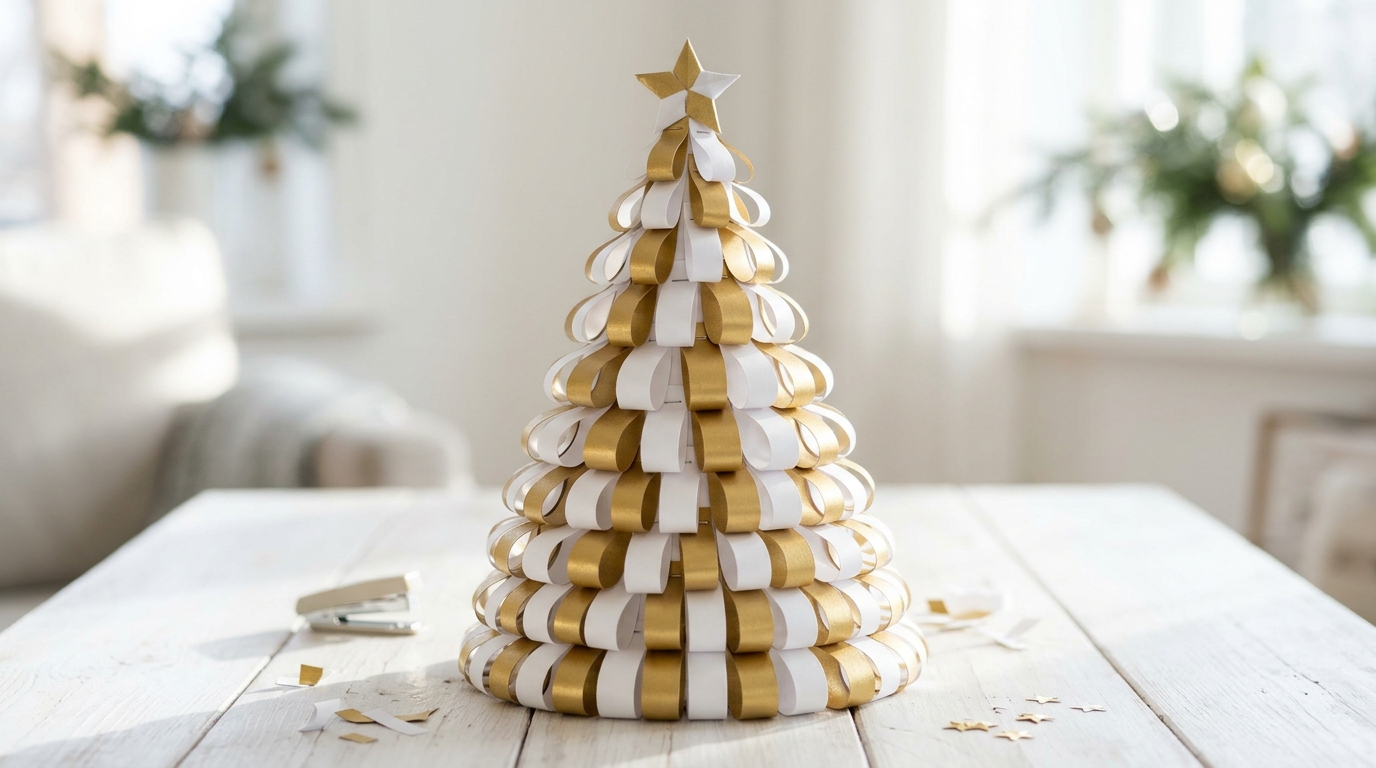 Christmas tree made of white and gold paper strip loops in rows on a white table