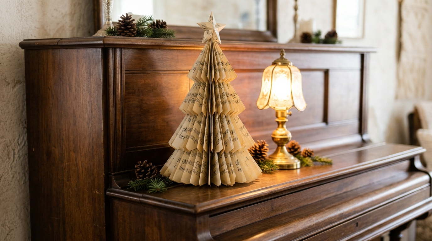 Christmas tree made from folded old sheet music pages on top of an upright piano