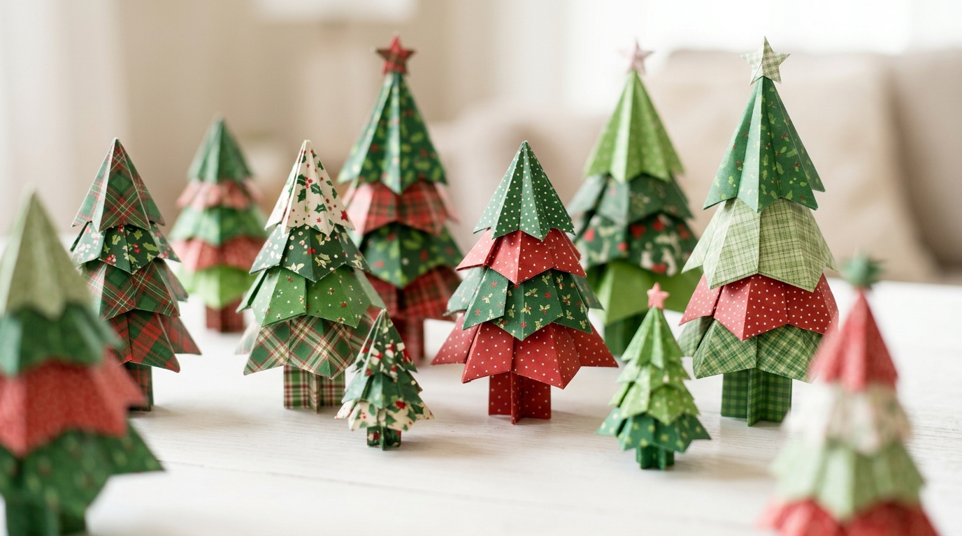 Group of origami Christmas trees folded from patterned red and green paper