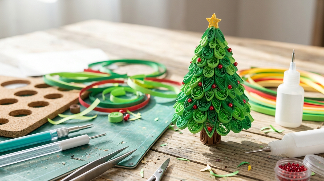 Small paper quilling Christmas tree of rolled green coils with red bead ornaments