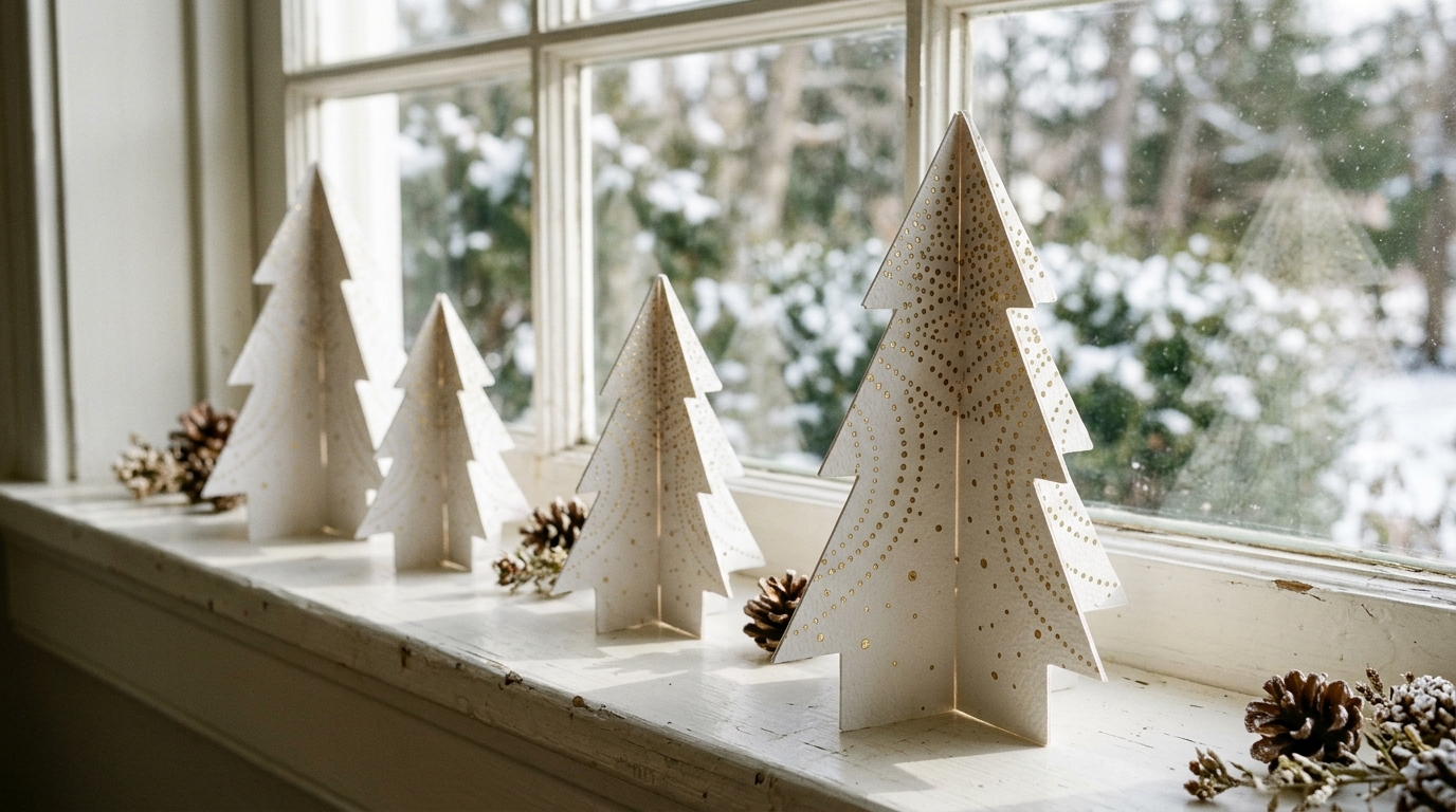 3D white cardstock trees slotted together with gold dots on a windowsill