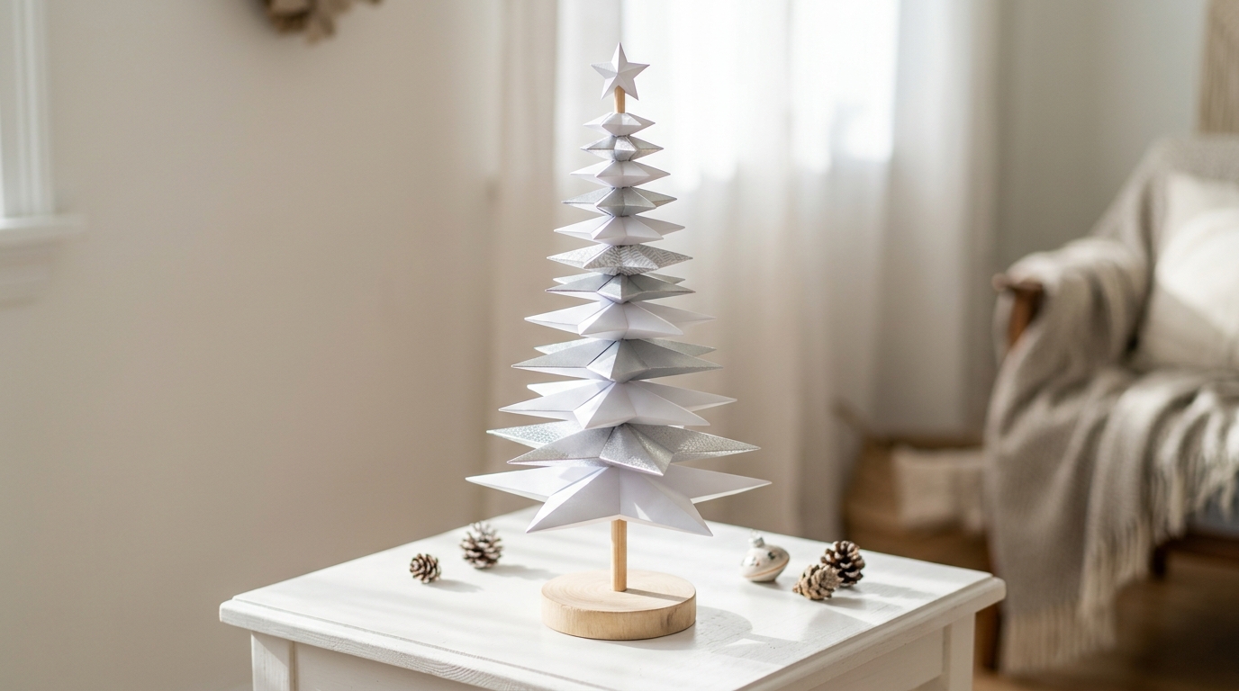 Paper Christmas trees made from stacked white and silver paper stars on a wooden dowel