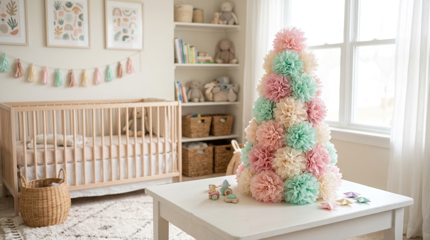 Paper Christmas trees made of pastel tissue paper pom poms in pink, mint and cream