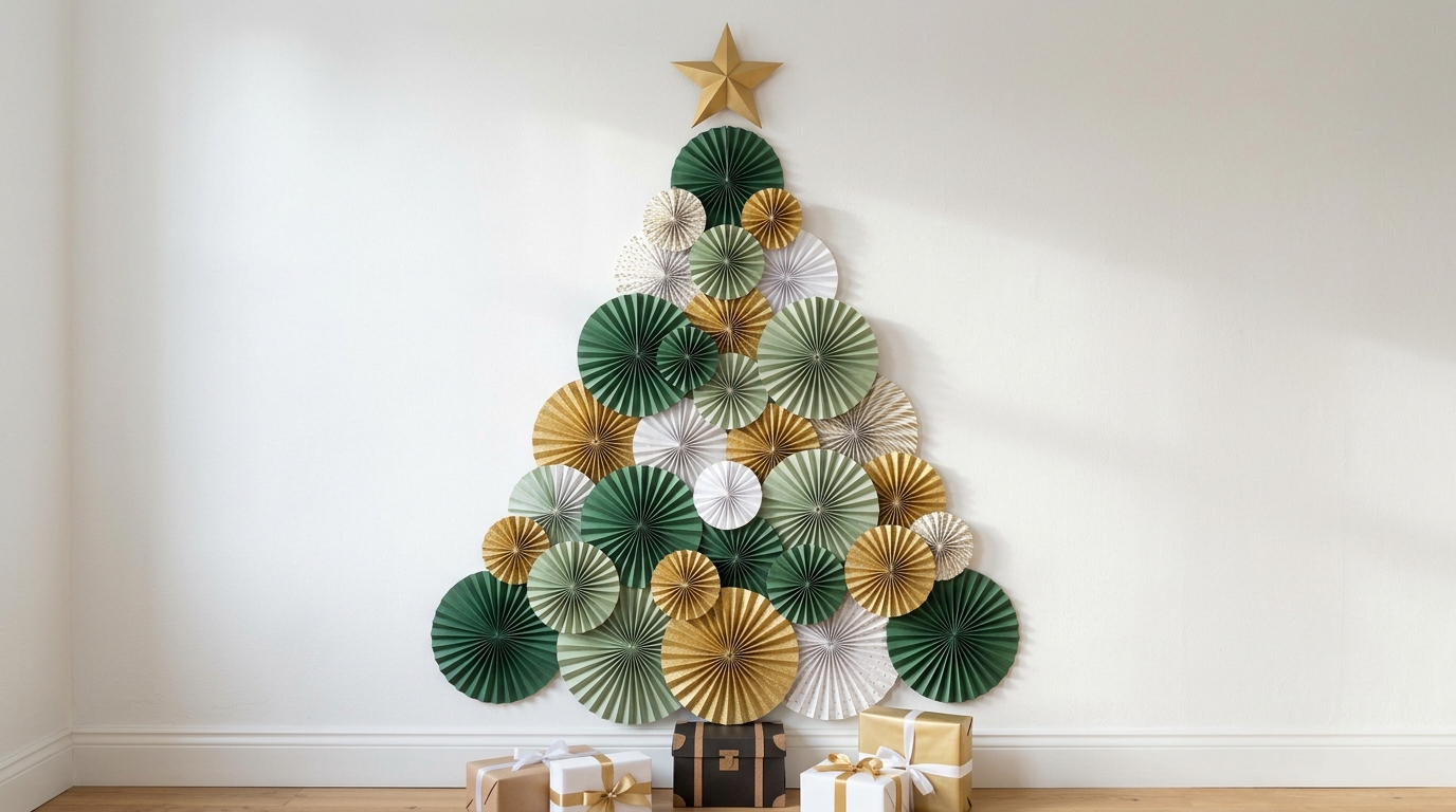 Wall Christmas tree made of folded paper fans in green, white and gold with a paper star