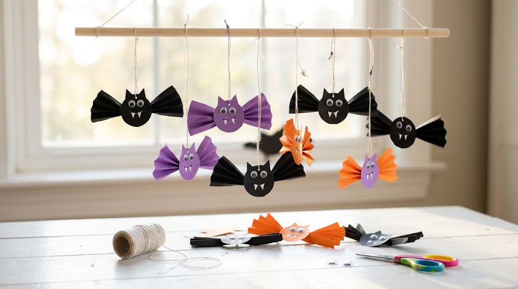 Halloween crafts for kids: folded black paper bats hanging on strings in a sunny window