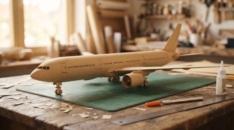 Paper folder jumbo jet: a detailed tan manila paper passenger jet model on a craft cutting mat with paper scraps