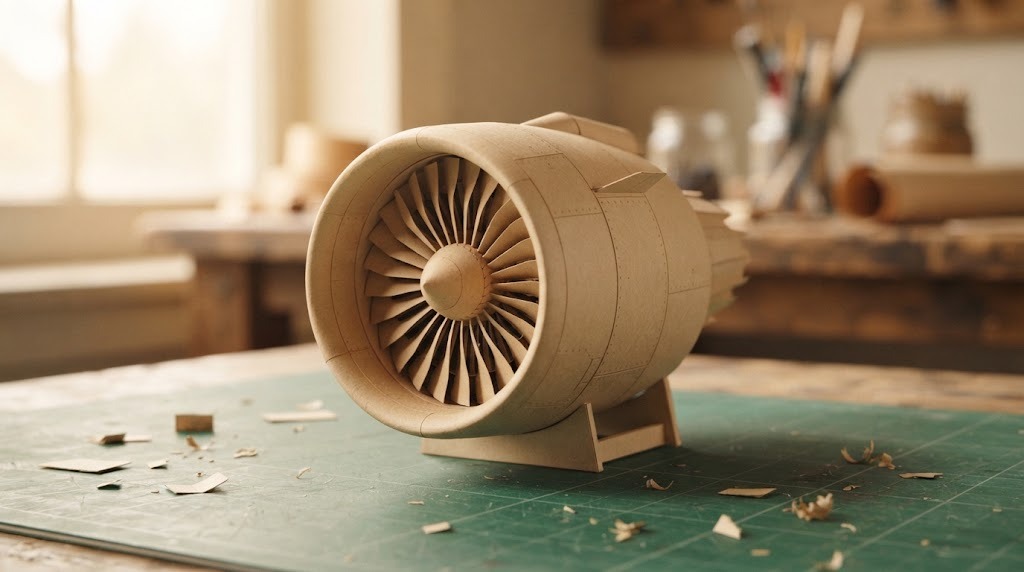 Detailed miniature jet engine model with a paper fan made from manila folder card